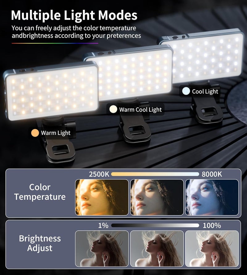 Zecti Selfie Light, 96 LED Phone Light with Metal Hotshoe & Clip, 96+ 2500K-8000K Rechargeable 360° Full Color 21 Scenes RGB Video Light for Phone, iPhone, Laptops, Cameras, Selfie, Video Conference, TikTok - Image 3